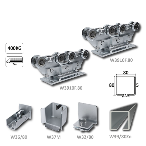 Samonosný systém 80x80x5 mm pro posuvné brány do 400 kg / 7 m otvor (W39/80Zn 6 m pozinkovaný profil, 2x W3910F.80, 1x W36/80, 1x W37M, 1x W32/80)